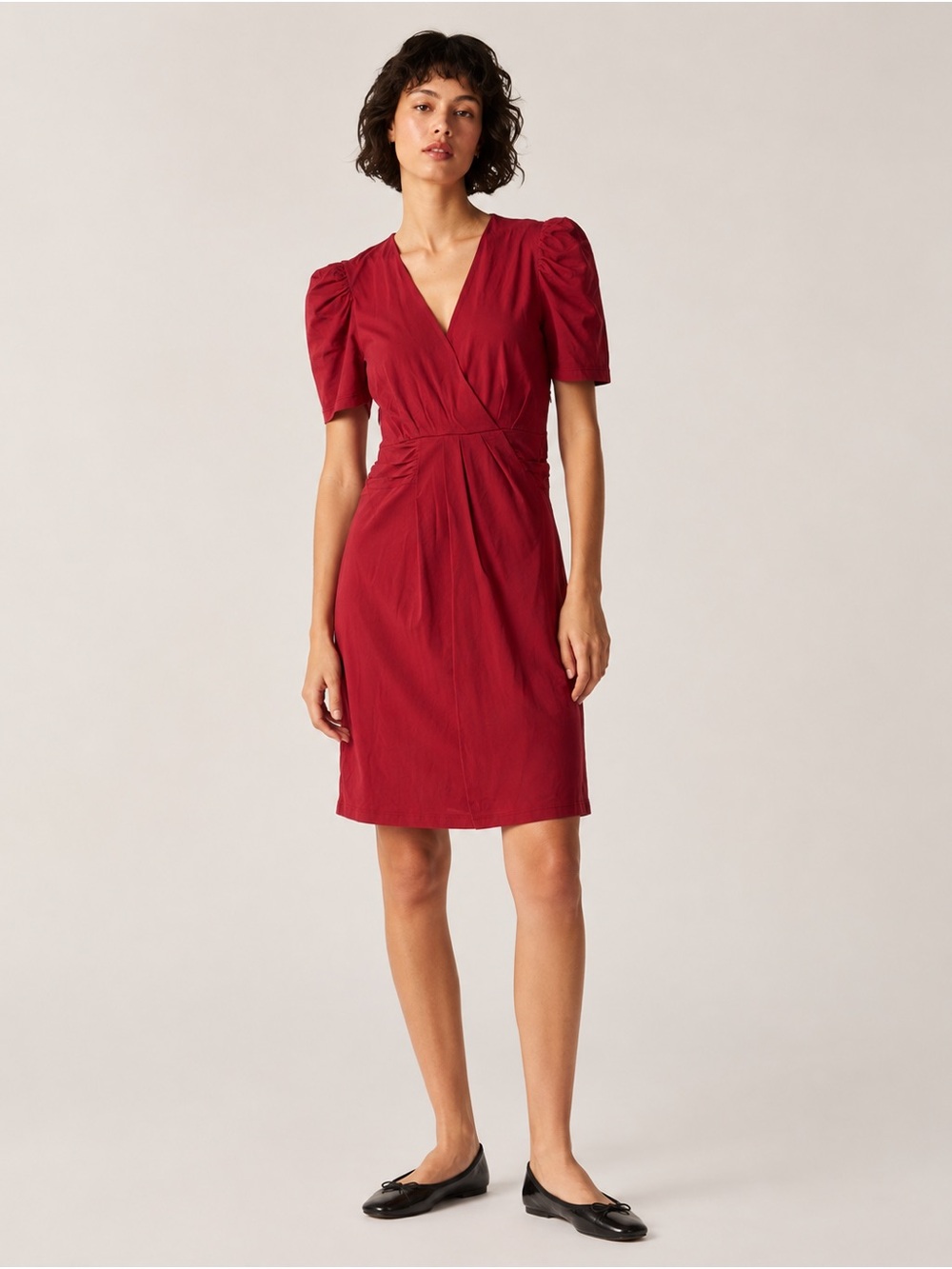 BA&SH Red Cotton V Neck Ruched Puff Sleeve Mini Dress US 2